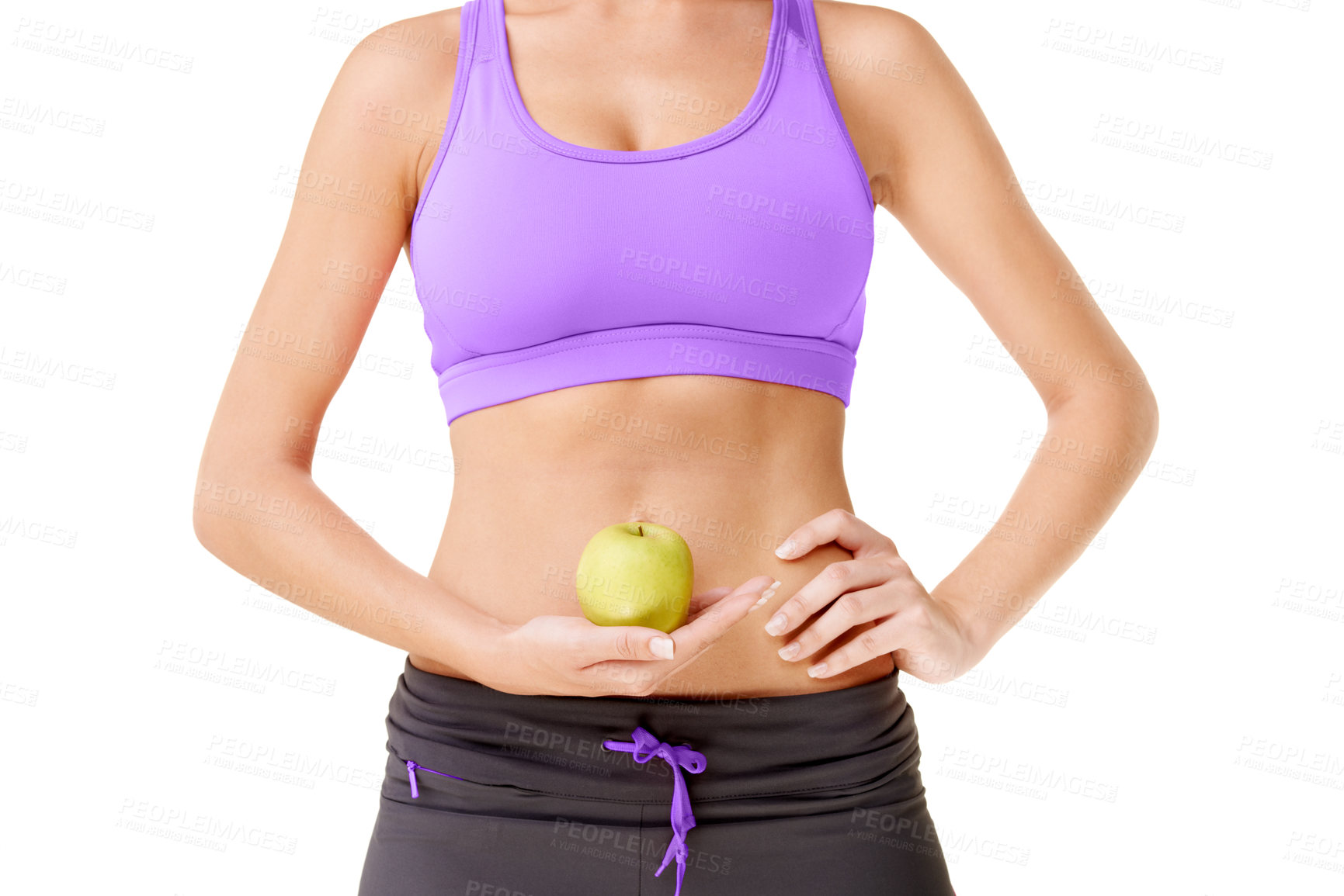 Buy stock photo Woman, apple and stomach for health in studio with mock up for diet for digestion on white background. Female person,  hold and fruit for nutrition, wellness and care with fresh, organic and produce.