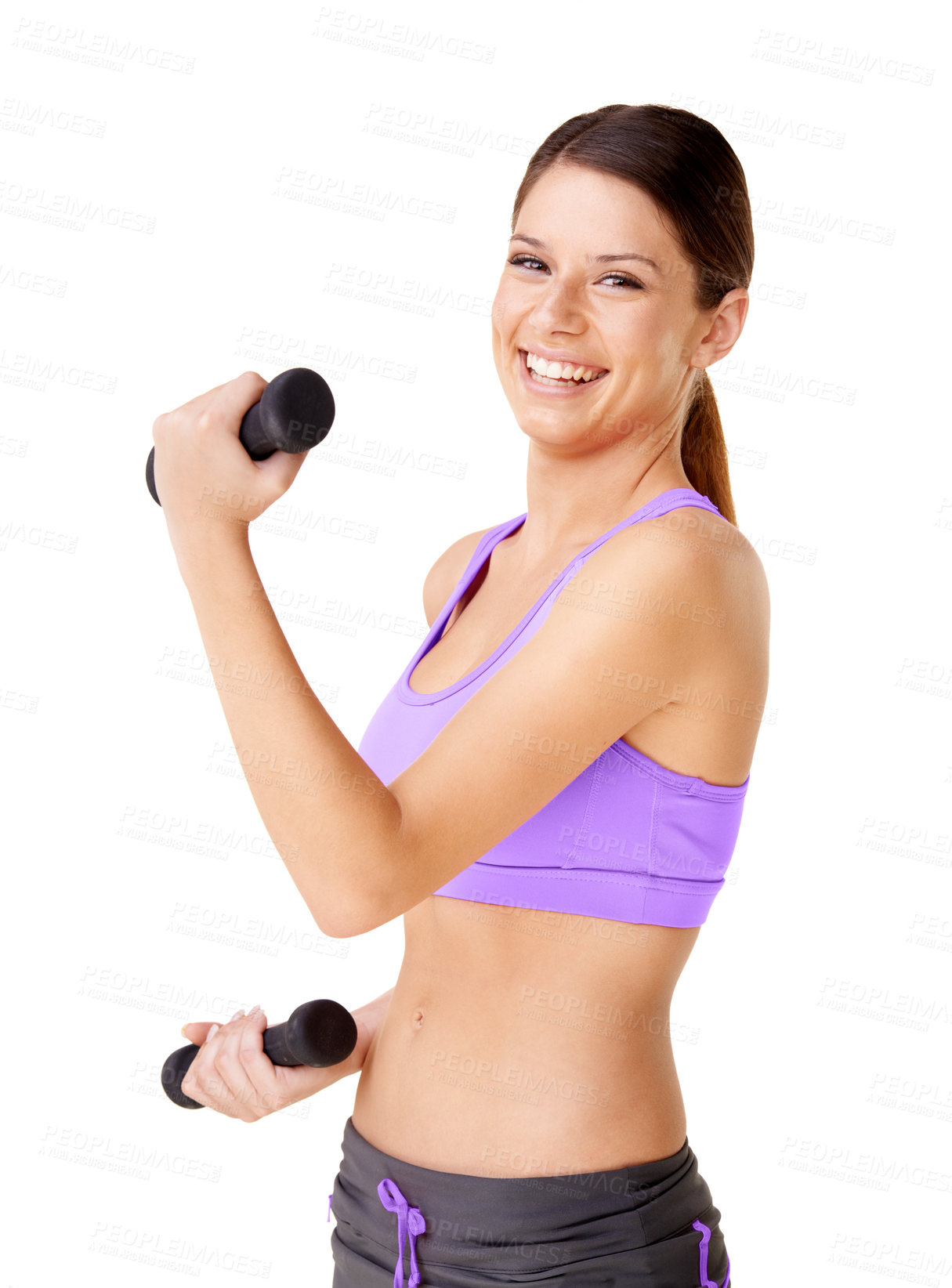 Buy stock photo Shot of a young woman lifting dumbells isolated on white