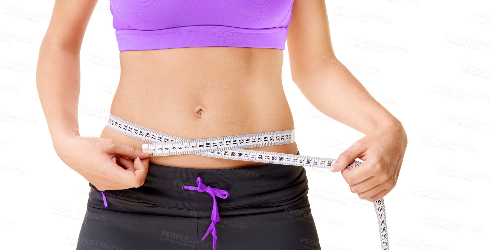 Buy stock photo Weight loss, woman or measuring tape with stomach in studio for fitness, wellness or body progress or diet. Person, belly or waist with target for exercise, training or workout on white background