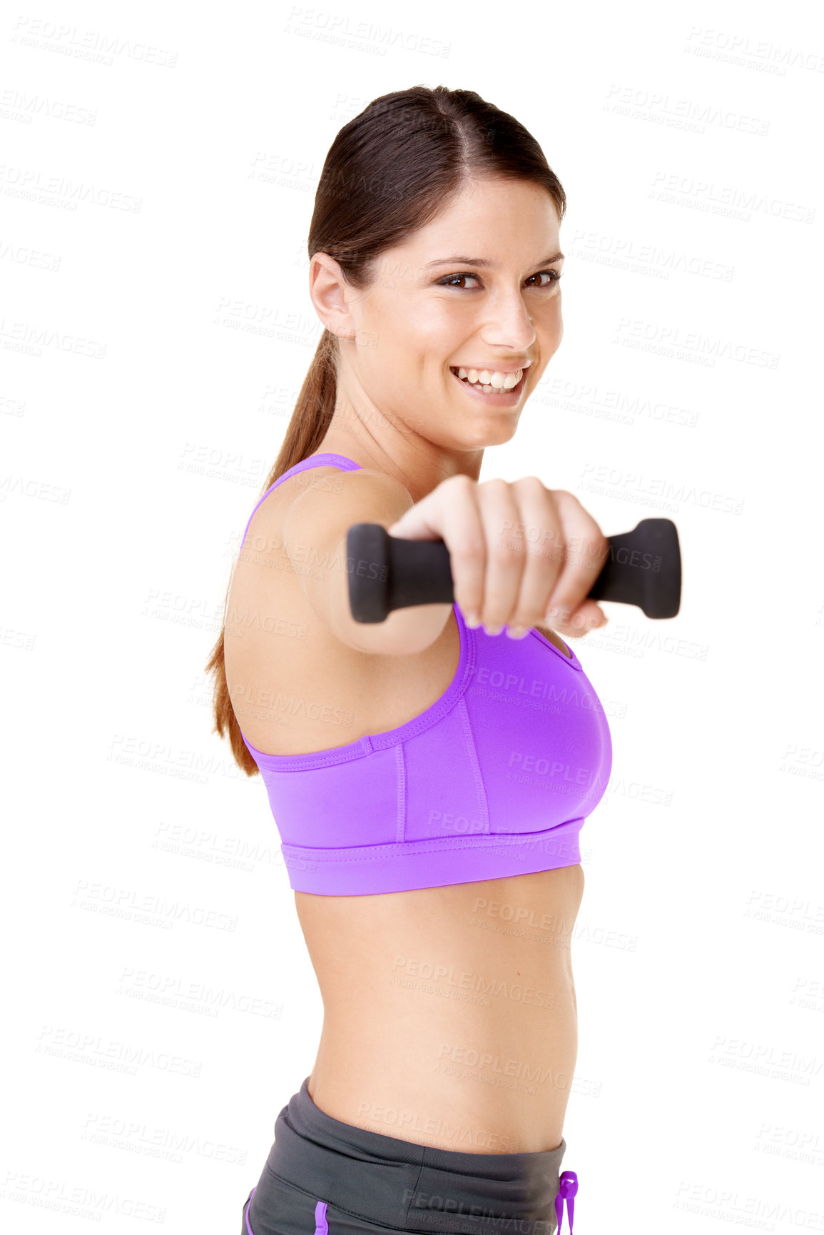 Buy stock photo Portrait, happy woman and dumbbell for fitness in studio with mock up on white background in Germany. Female person, athlete and equipment for weight, strength or power training in space with smile