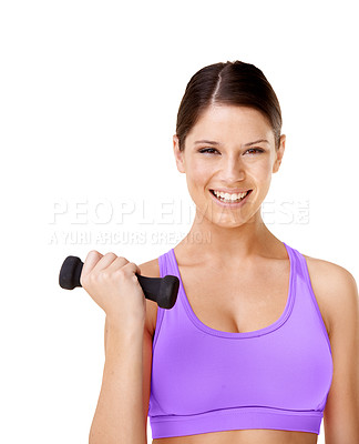 Buy stock photo Woman, portrait and happy with dumbbells in studio for exercise, workout or training for fitness. Athlete, person and face with smile or mock up for physical activity and wellness on white background