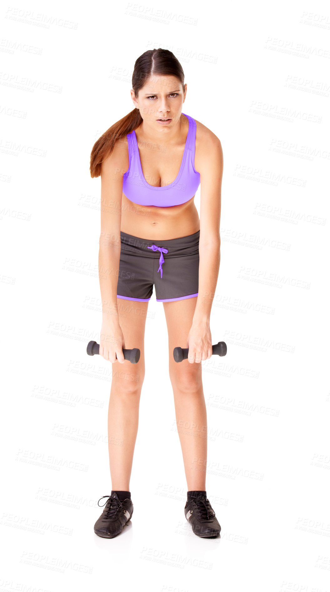 Buy stock photo Portrait, dumbbells and woman with fitness, tired and workout isolated on a white studio background. Person, girl and model with gym equipment, fatigue and wellness with exercise, exhausted or health