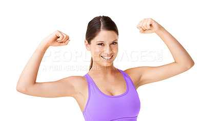 Buy stock photo Strong, bodybuilder and portrait of woman with fitness from workout or sports in white background. Happy, athlete and pride from achievement, development or wellness in studio space with confidence
