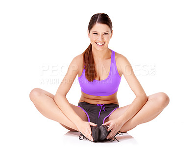 Buy stock photo Portrait, workout and woman on the floor, stretching and fitness isolated on a white studio background. Person, athlete and model on the ground, exercise and training with, wellness, smile and health