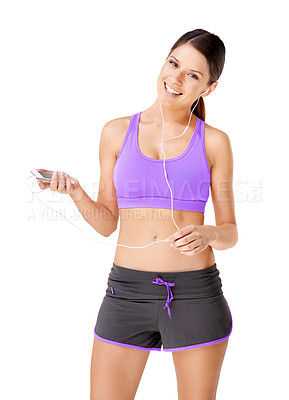Buy stock photo Woman, portrait or music in studio for fitness, workout or exercise with sportswear, earphones and smile. Person, face or happy for radio, audio or podcast with mockup or training on white background
