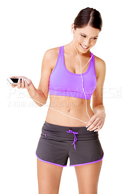Buy stock photo Woman, face or music in studio for fitness, workout or exercise with sportswear, earphones and smile. Person, thinking or happy for radio, audio or podcast with mockup or training on white background