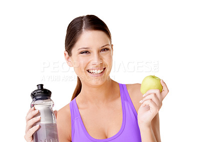 Buy stock photo Woman, apple and water bottle in happy portrait for healthy food, wellness and diet on a white background. Young model or vegan person with green fruit and liquid for detox or weight loss in studio
