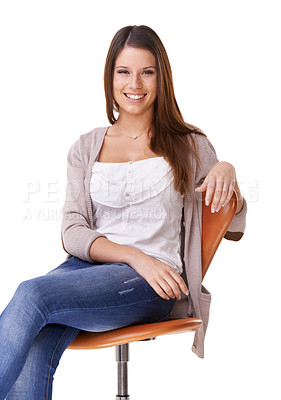 Buy stock photo Woman, portrait and smile in studio on chair for fashion confidence, mockup space on white background. Female person, model and face happy for good mood in trendy style for relax, calm in clothes