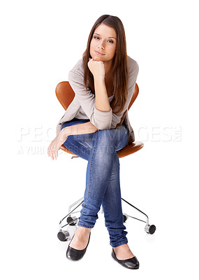 Buy stock photo Woman, portrait and chair in studio or thinking confident on white background, mockup space or wondering. Female person, face and thoughts on seat future goals decision or idea, planning or ambition