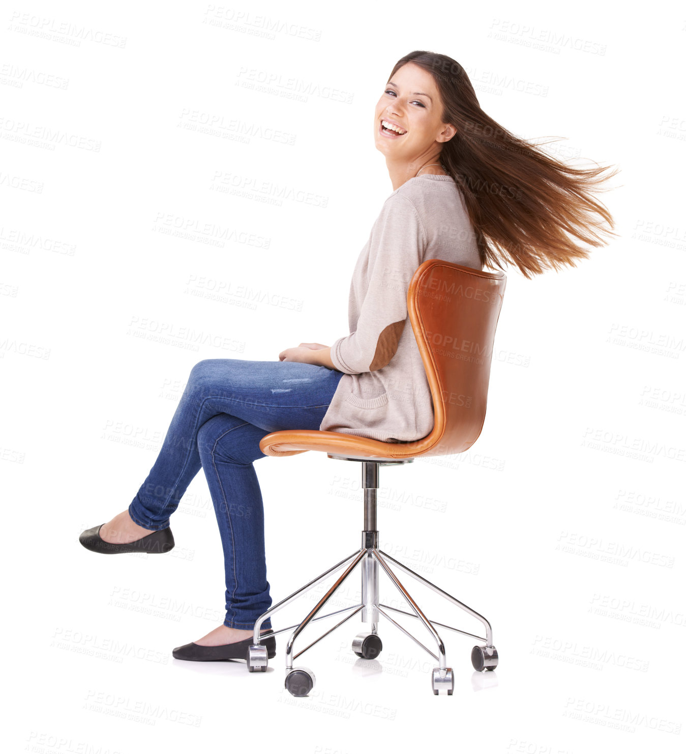 Buy stock photo Happy, secretary and portrait of woman on chair in studio, white background or mockup space. Receptionist, smile and employee laughing with freedom, sitting in office or workplace with casual fashion