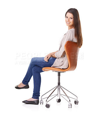 Buy stock photo Woman, chair and smile in portrait, relaxing and confidence in studio, fashion and white background. Female person, face and pride for stylish clothing, casual trend and natural beauty in mockup