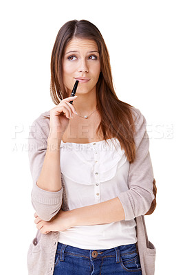 Buy stock photo Young woman looking away thoughtfully against a white background