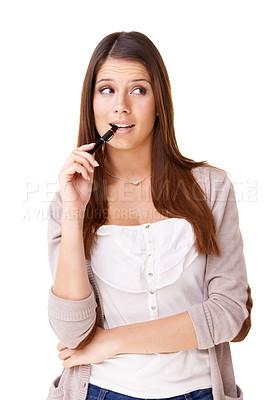 Buy stock photo Confused, woman and doubt for idea in studio, white background or mockup with questions. Thinking, why and person process knowledge, information or learning problem solving in college or university