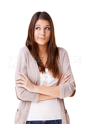 Buy stock photo Thinking, confused and woman with arms crossed shrug in studio with questions on white background. Why, doubt and female model with asking body language, dont know or how to gesture, guess or oops