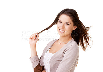 Buy stock photo Hair, twirl and portrait of woman with fashion for casual style in white background or studio. Happy, person and girl relax with confidence, pride and smile in mockup space or thinking of haircut