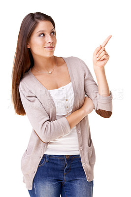 Buy stock photo News, announcement and woman with hand pointing in studio for promotion on white background. Feedback, review and female model show menu direction, step or competition, prize or giveaway information
