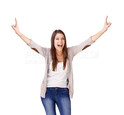 Buy stock photo Woman, hands and cheers celebration in studio for achievement, winner for wow discount. Female person, model and scream victory on white background as mockup space happy for award, bonus or omg deal