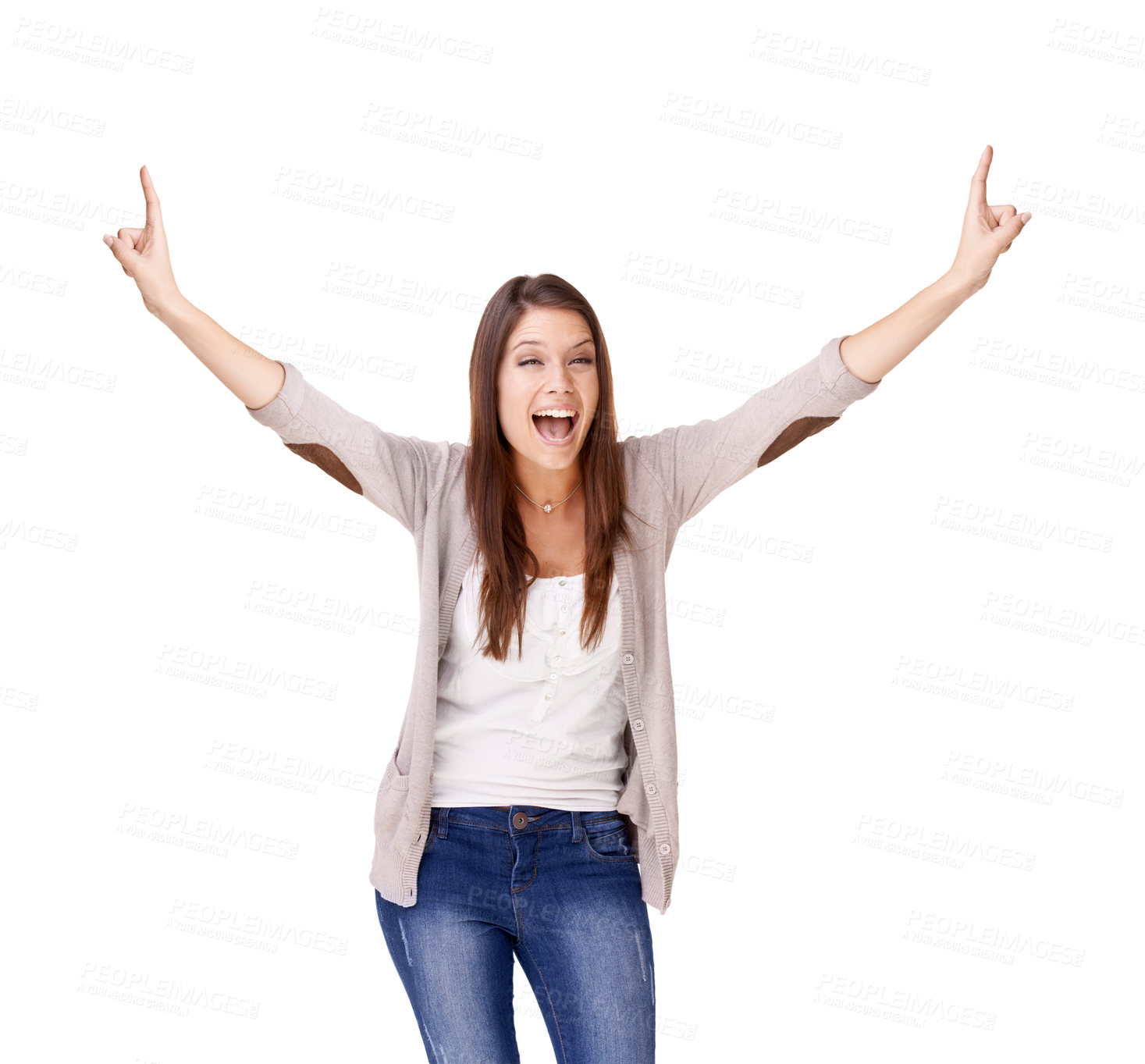 Buy stock photo Woman, hands and cheers celebration in studio for achievement, winner for wow discount. Female person, model and scream victory on white background as mockup space happy for award, bonus or omg deal