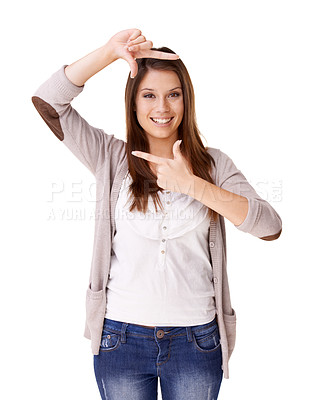 Buy stock photo Hands, portrait and woman with selfie frame in studio for photography, gesture or sign on white background. Finger, border and face of lady person with social media, profile picture or memory gesture