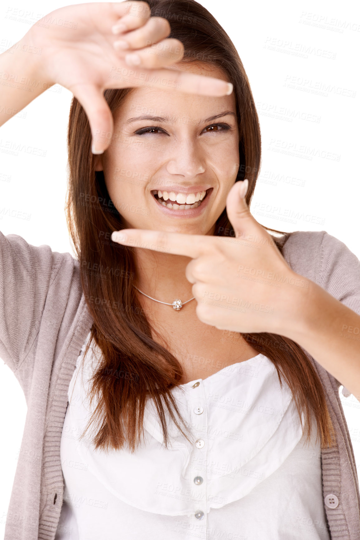 Buy stock photo Portrait, hands and happy woman with selfie frame in studio for photography, sign or gesture on white background. Finger, border or face of female person with social media, profile picture or memory 