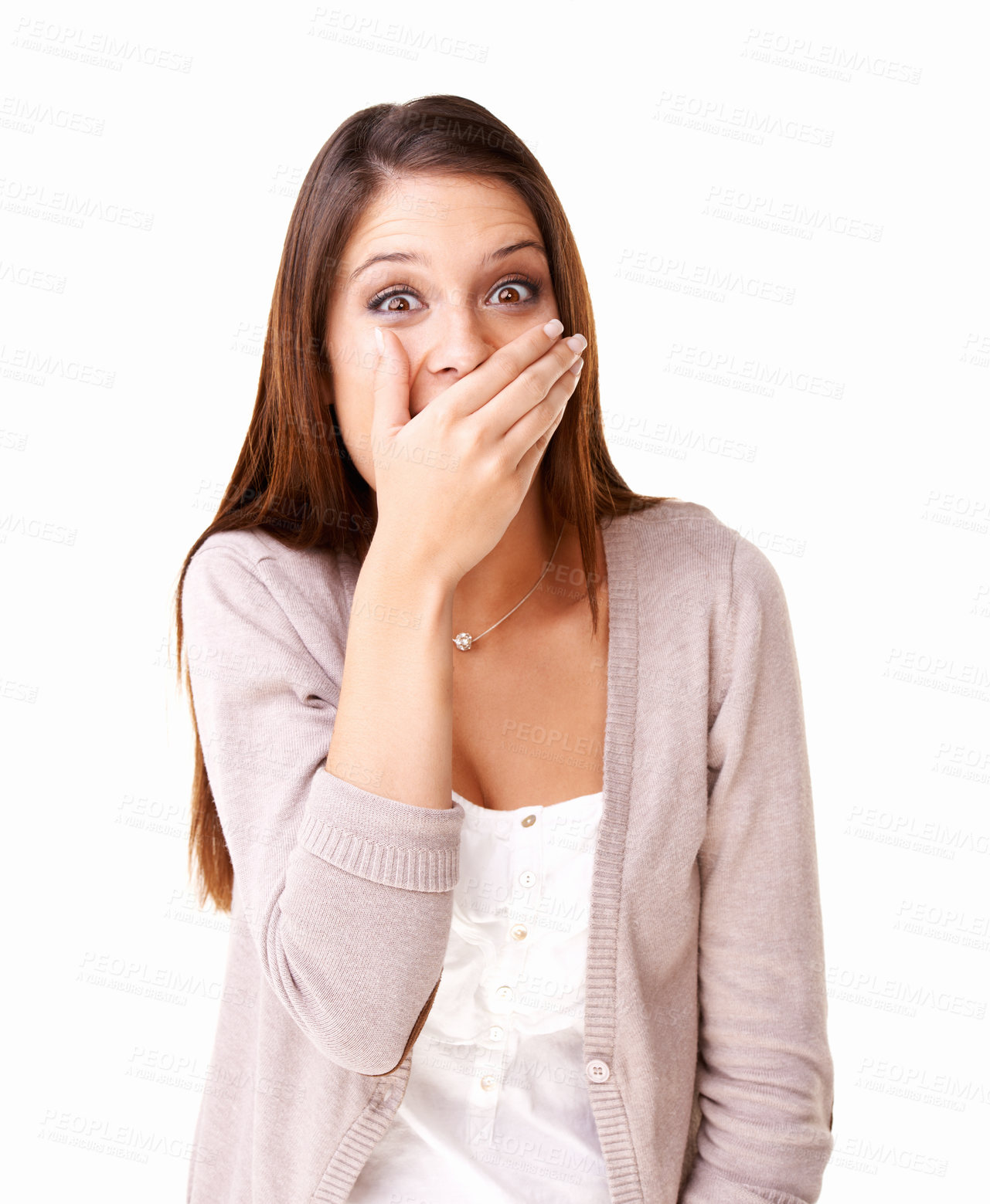 Buy stock photo Gossip, surprise and hand on face of woman with omg news in studio for announcement on white background. Emoji, drama or model portrait shocked by secret, story or deal, offer or competition giveaway