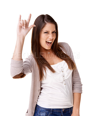 Buy stock photo Rock, music and portrait of woman with sign for metal, culture or freedom in studio white background. Crazy, girl and excited fan with icon or gesture with hands for devil, horns or punk rocker