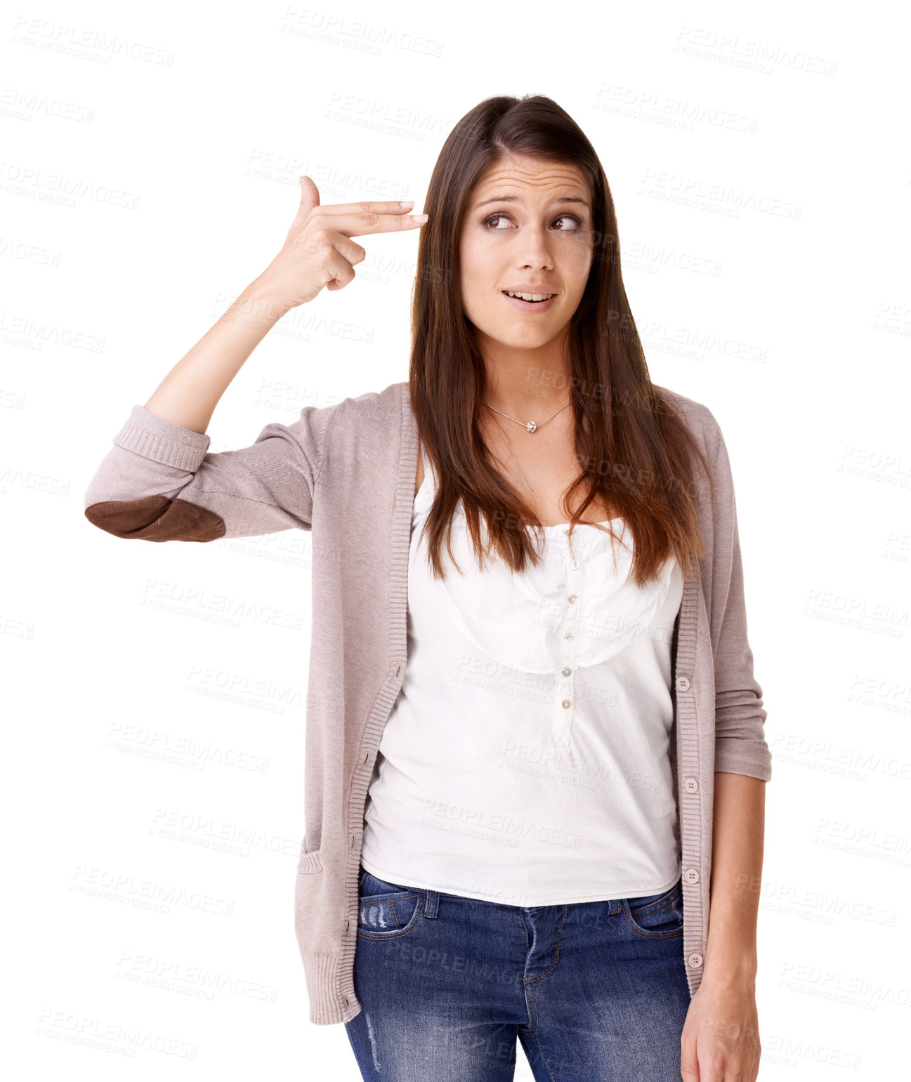 Buy stock photo Face, stress and woman with hand gun in studio with self harm, gesture or overthinking on white background. Finger, weapon and model with mistake, disaster or conflict awareness for mental health