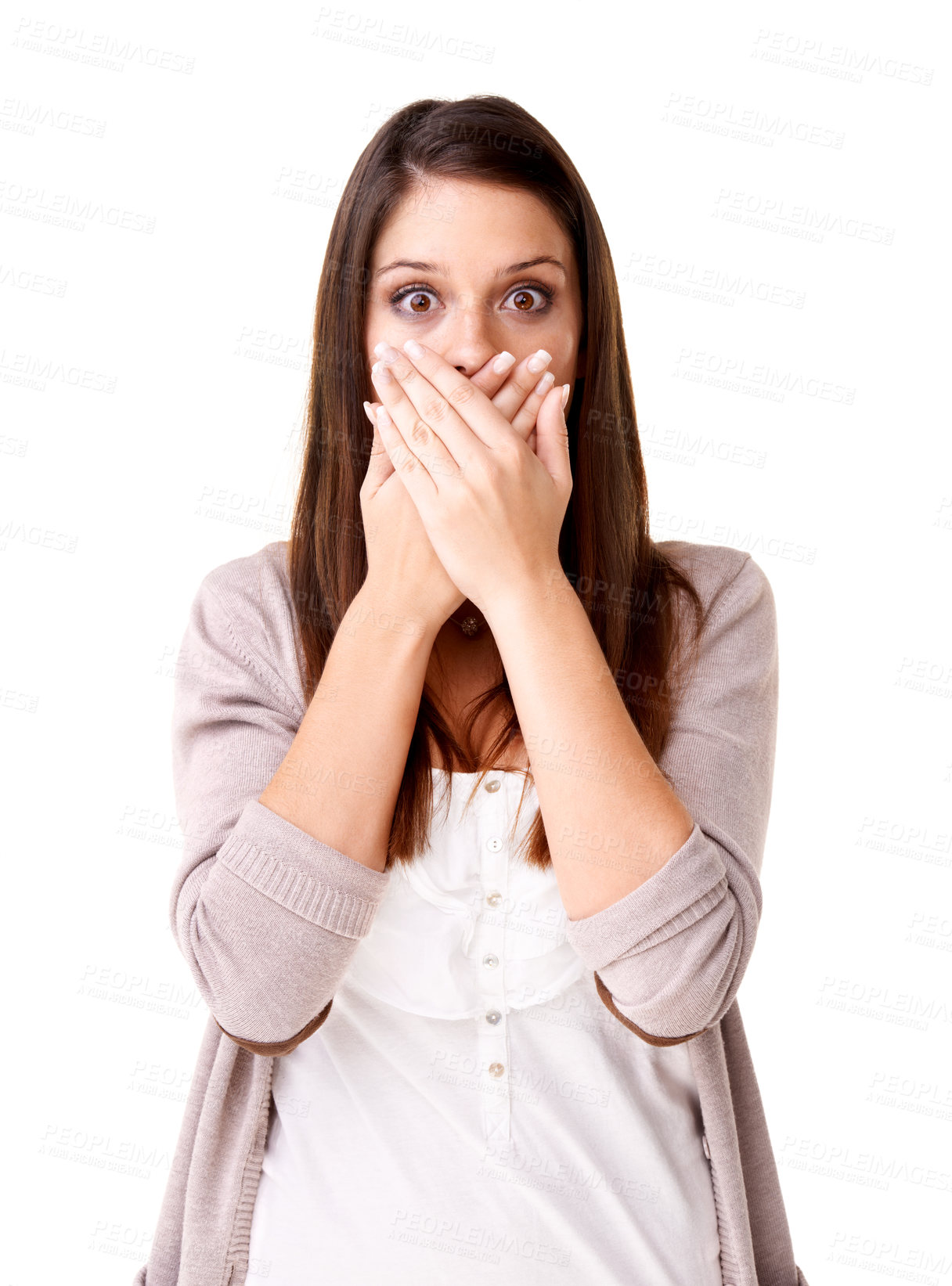 Buy stock photo Woman, covering mouth and portrait for secret, gossip and rumor in studio, face and white background. Female person, surprise and emoji or omg, wtf and drama or what, shock and information or news