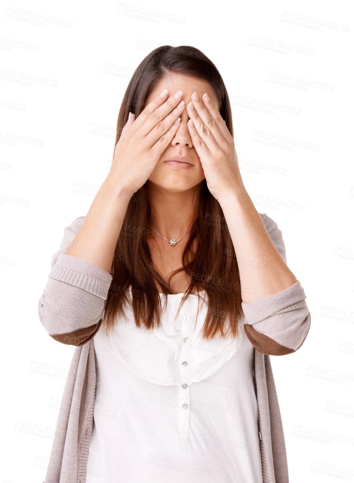 Buy stock photo Casually dressed young woman with her hands covering her eyes