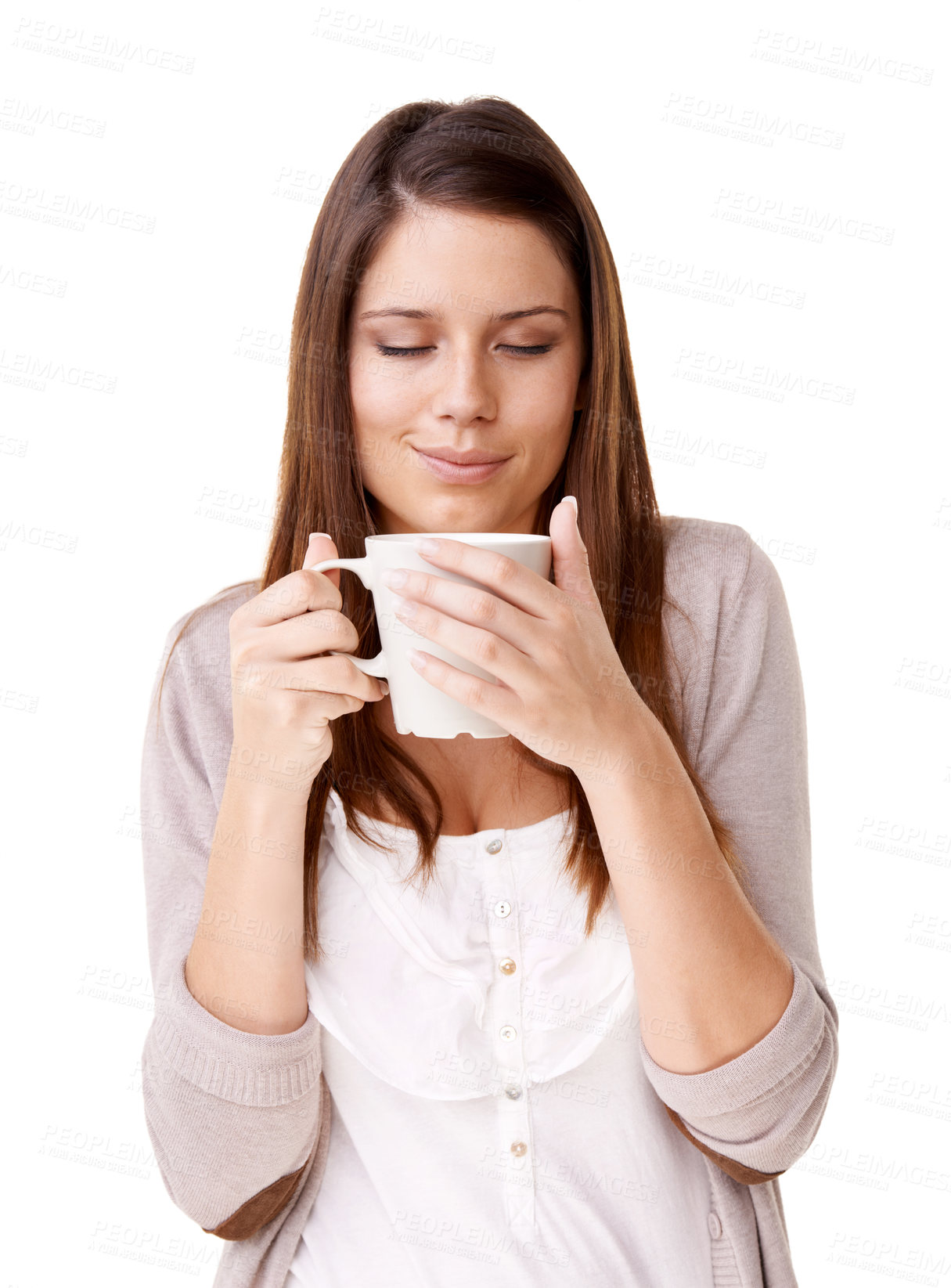 Buy stock photo Coffee, relax and morning with a young woman in studio isolated on a white background for caffeine. Happy, calm and quiet with a confident person drinking tea from a mug or cup to start her day
