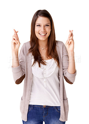 Buy stock photo Woman, fingers crossed and smile in portrait, luck and studio, wish and trust by white background. Female person, face and emoji or sign, hope and excited for feedback, competition and giveaway