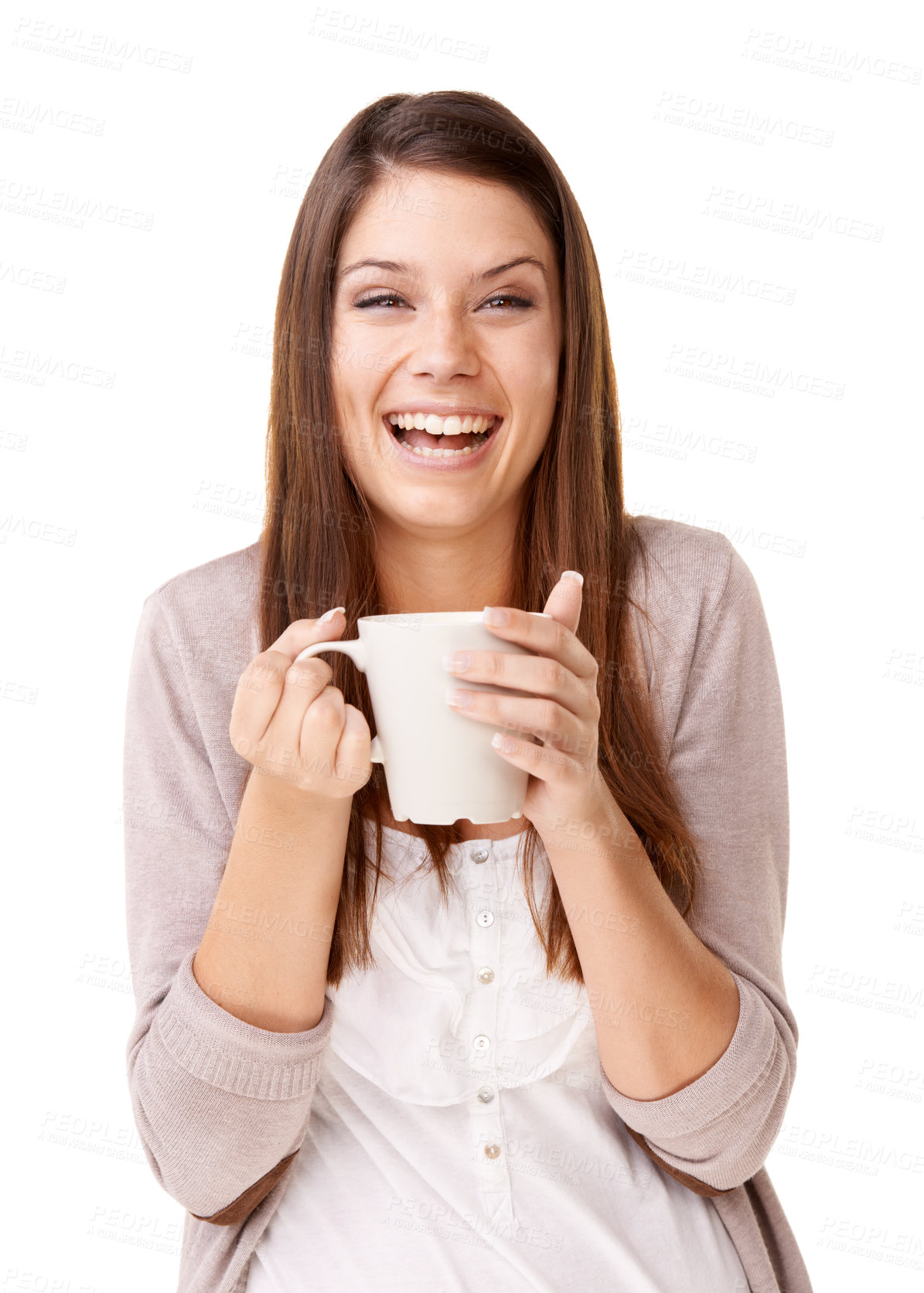 Buy stock photo Woman, drinking coffee and smile in portrait, relaxing and happy in studio, laugh and white background. Female person, hot tea and matcha for detox, funny joke and comedy for health, fun and espresso