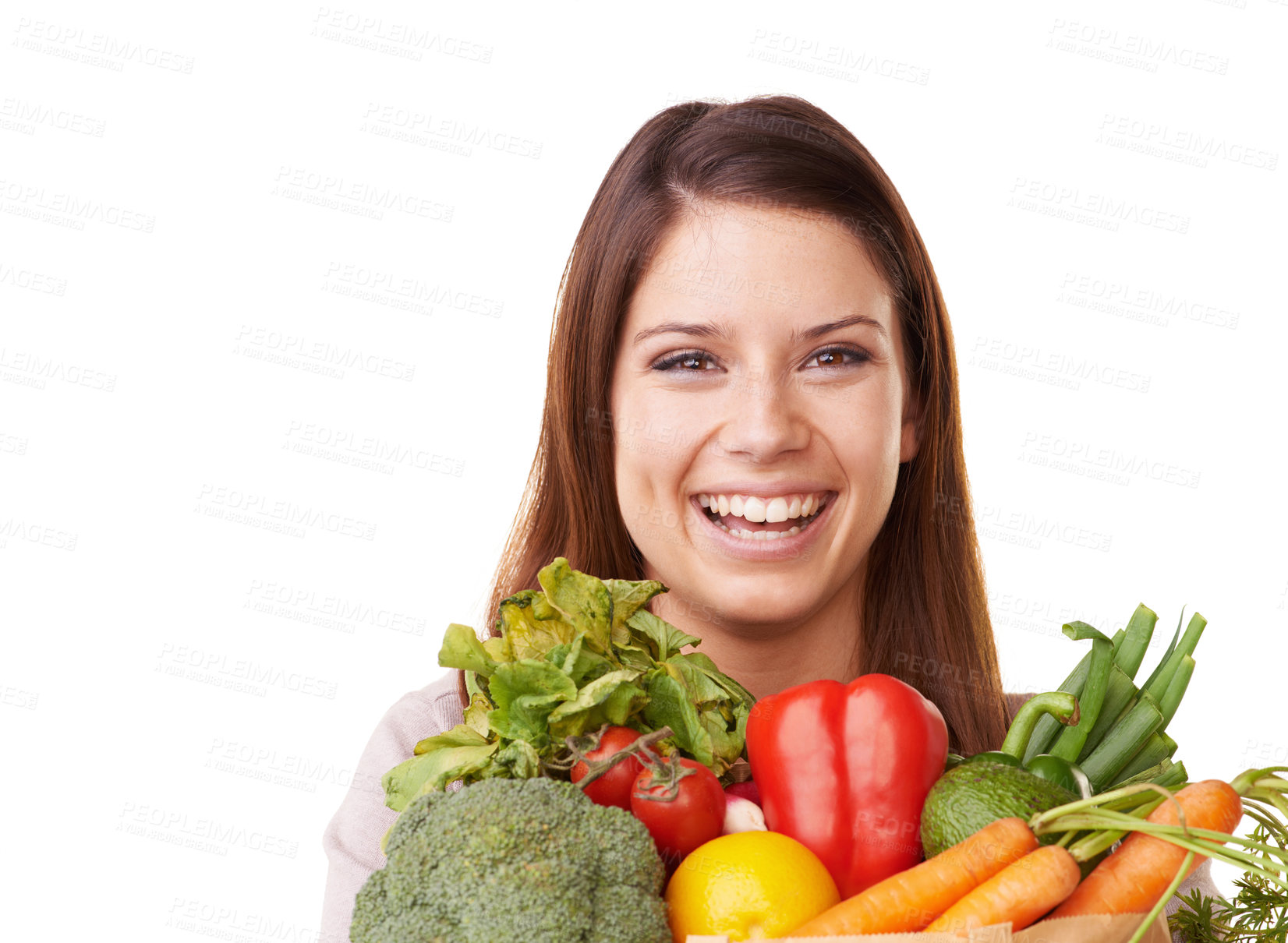 Buy stock photo Portrait, vegetables and woman with nutrition, happy and girl isolated on white studio background. Face, person and model with healthy food, vegan and diet plan with mockup space, smile or wellness