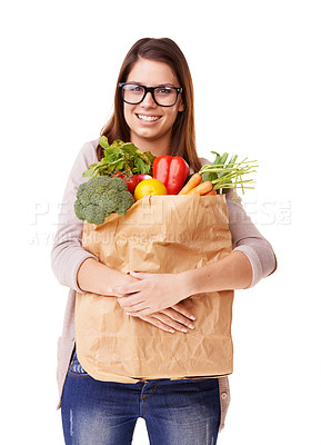 Buy stock photo Portrait, vegetables and woman with brown bag, vegan and girl isolated on white studio background. Face, person or model with healthy food, glasses or diet plan with mockup space, grocery or wellness