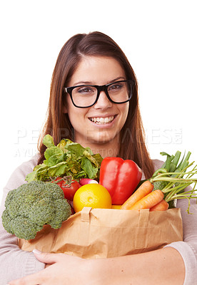 Buy stock photo Portrait, vegetables and woman with nutrition, wellness and girl isolated on white studio background. Face, person and model with healthy food, glasses and diet plan with mockup space, happy or vegan
