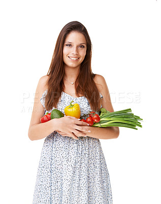 Buy stock photo Portrait, smile and woman with vegetables, nutrition and girl isolated on a white studio background. Face, person and model with healthy food, wellness and vegan with diet plan, mockup space or smile