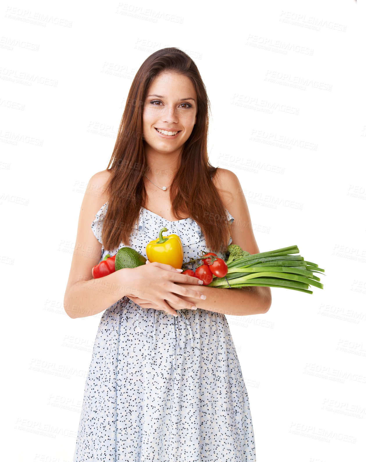 Buy stock photo Portrait, smile and woman with vegetables, nutrition and girl isolated on a white studio background. Face, person and model with healthy food, wellness and vegan with diet plan, mockup space or smile