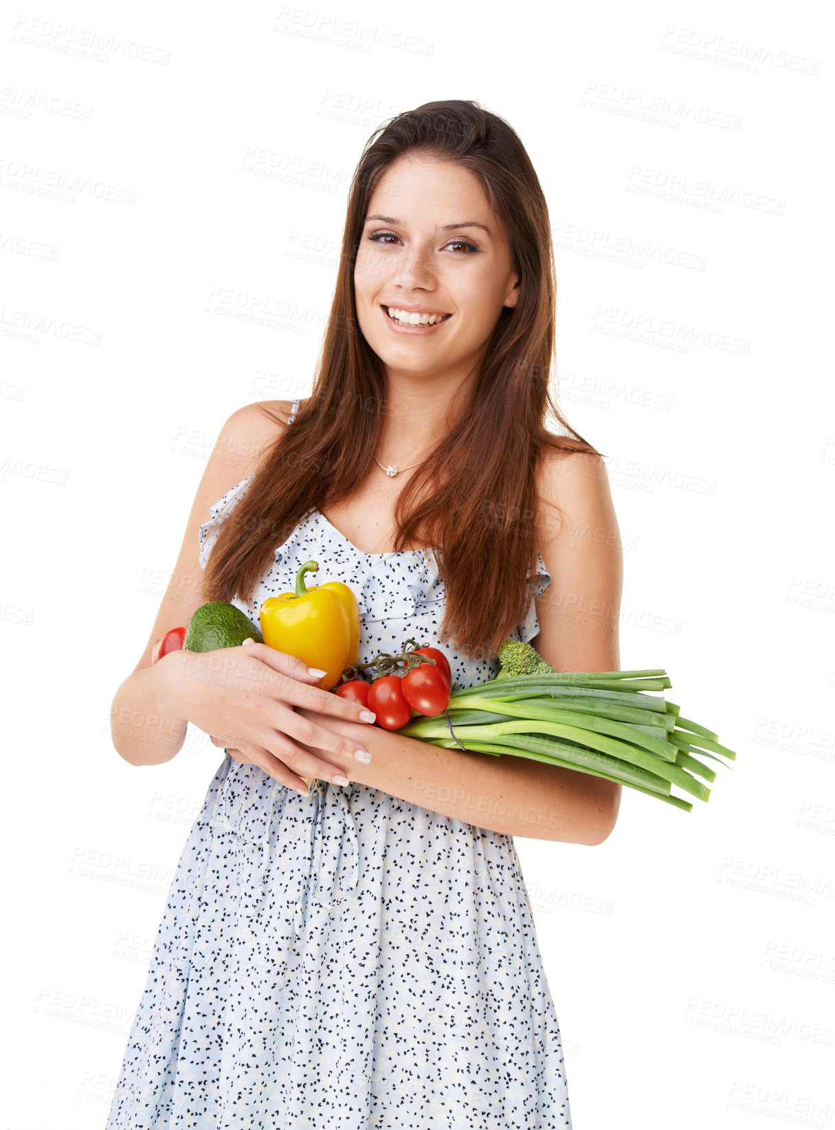 Buy stock photo Portrait, smile and woman with vegetables, wellness and girl isolated on a white studio background. Face, person and model with healthy food, nutrition and vegan with diet plan, mockup space or happy
