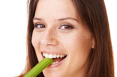 Buy stock photo Happy, portrait and woman with celery in a studio for health, wellness and diet snack for lunch. Smile, weight loss and closeup face of young female model eating a vegetable by white background.