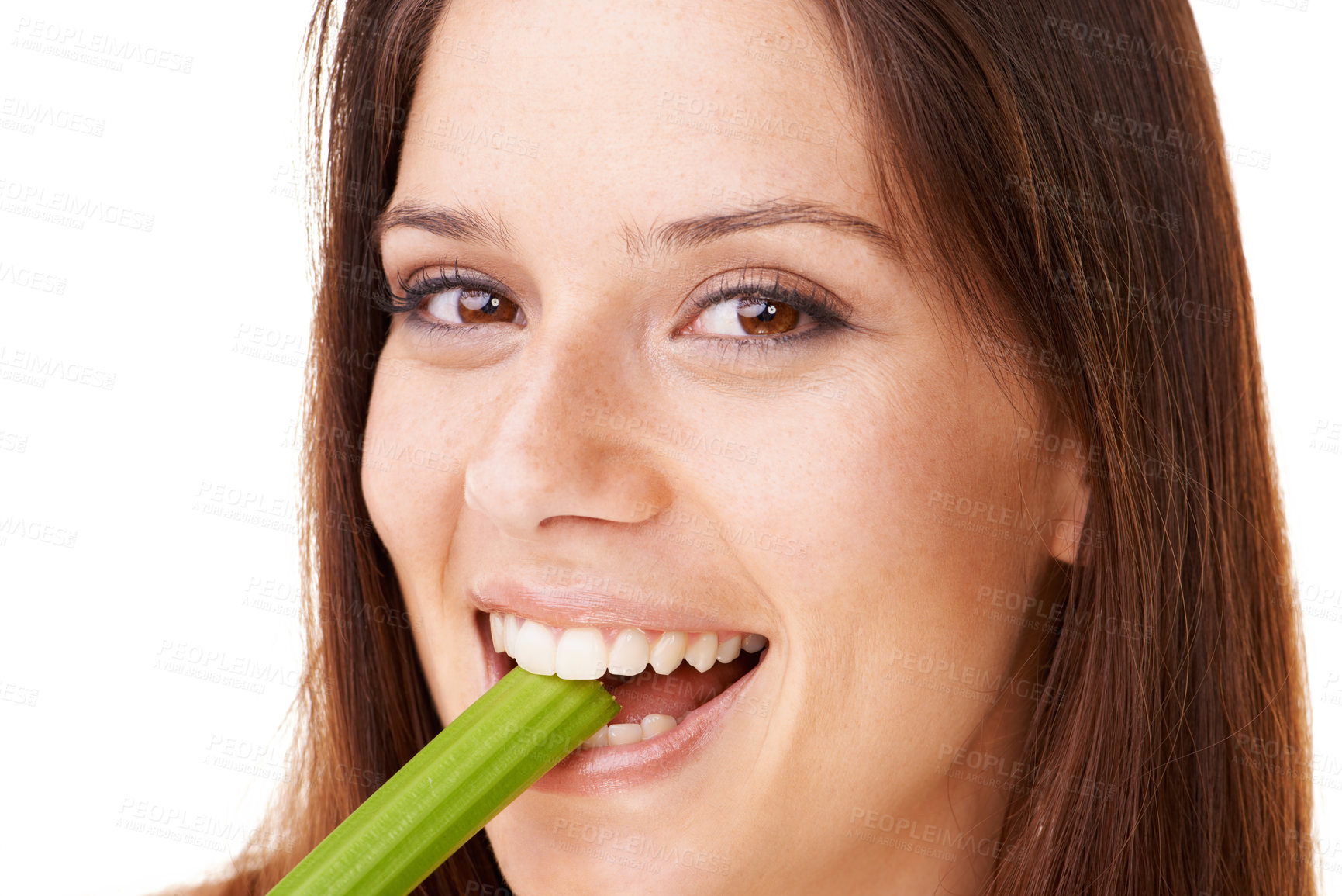 Buy stock photo Happy, portrait and woman with celery in a studio for health, wellness and diet snack for lunch. Smile, weight loss and closeup face of young female model eating a vegetable by white background.