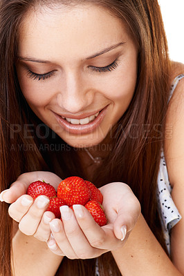 Buy stock photo Woman, smile and holding strawberry fruits for detox, vegan diet and fresh organic ingredients for nutrition. Face of happy girl with red berries, healthy food and sustainable benefits of vitamin c 