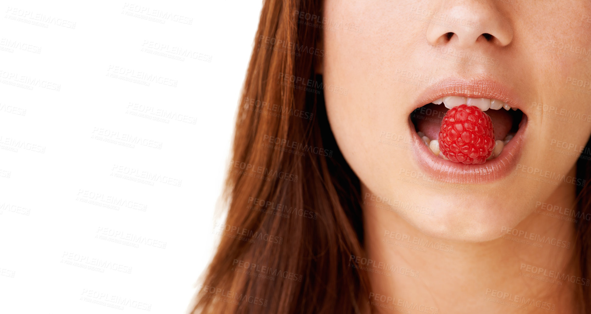 Buy stock photo Health, mouth and closeup of woman with raspberry in a studio for detox, vegan diet and fresh ingredient. Wellness, nutrition and face of young female model with organic fruit by white background.