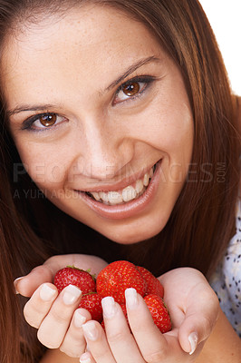 Buy stock photo Portrait, woman and smile with strawberry fruits for detox, vegan diet and fresh ingredients for nutrition. Face of happy girl holding red berries, healthy food and sustainable benefits of vitamin c