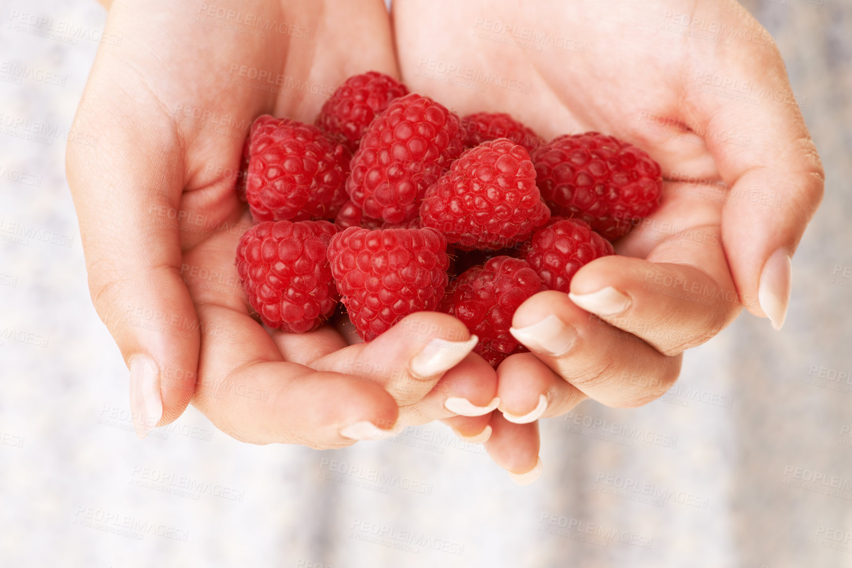 Buy stock photo Hands, woman and holding raspberry fruits for detox, vegan diet and eco nutrition of healthy ingredients. Closeup of red berries, organic food and sustainable benefits of vitamin c, wellness and care