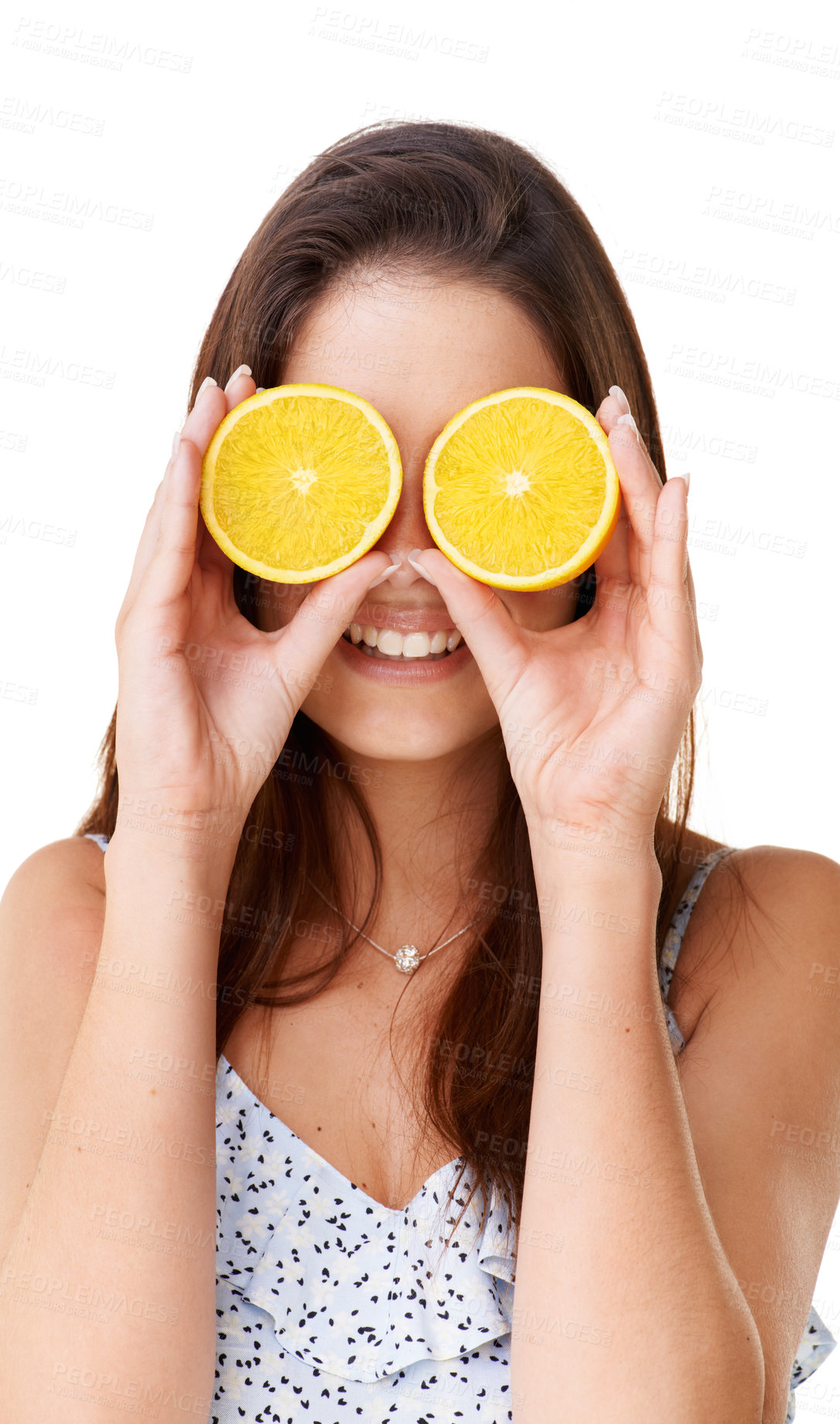 Buy stock photo Happy woman cover face with orange fruits in studio for detox, vegan diet and natural skincare on white background. Girl, citrus food and healthy nutrition for sustainable benefits, vitamin c or glow