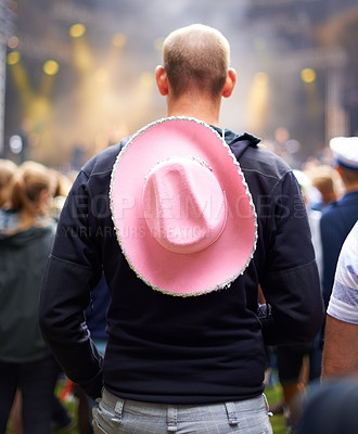 Buy stock photo Man, crowd and music festival event audience or cowboy hat, rave outfit at party concert. Male person, back view and dj dancing night a social vacation for holiday relax experience, band to celebrate