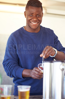 Buy stock photo Portrait, party and a black man bartender serving drinks outdoor at an event, festival or celebration. Smile, beer and carnival with a happy young person at a bar in a tent for beverage service