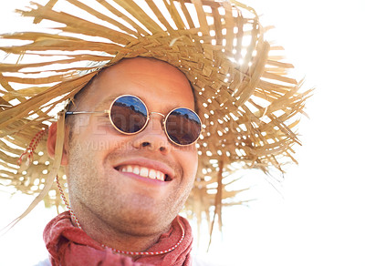 Buy stock photo Smile, sunglasses and man in straw hat for summer outdoor, travel and holiday vacation, sunshine and mockup space. Happy young person in shades, adventure and tourist thinking, relax and fashion