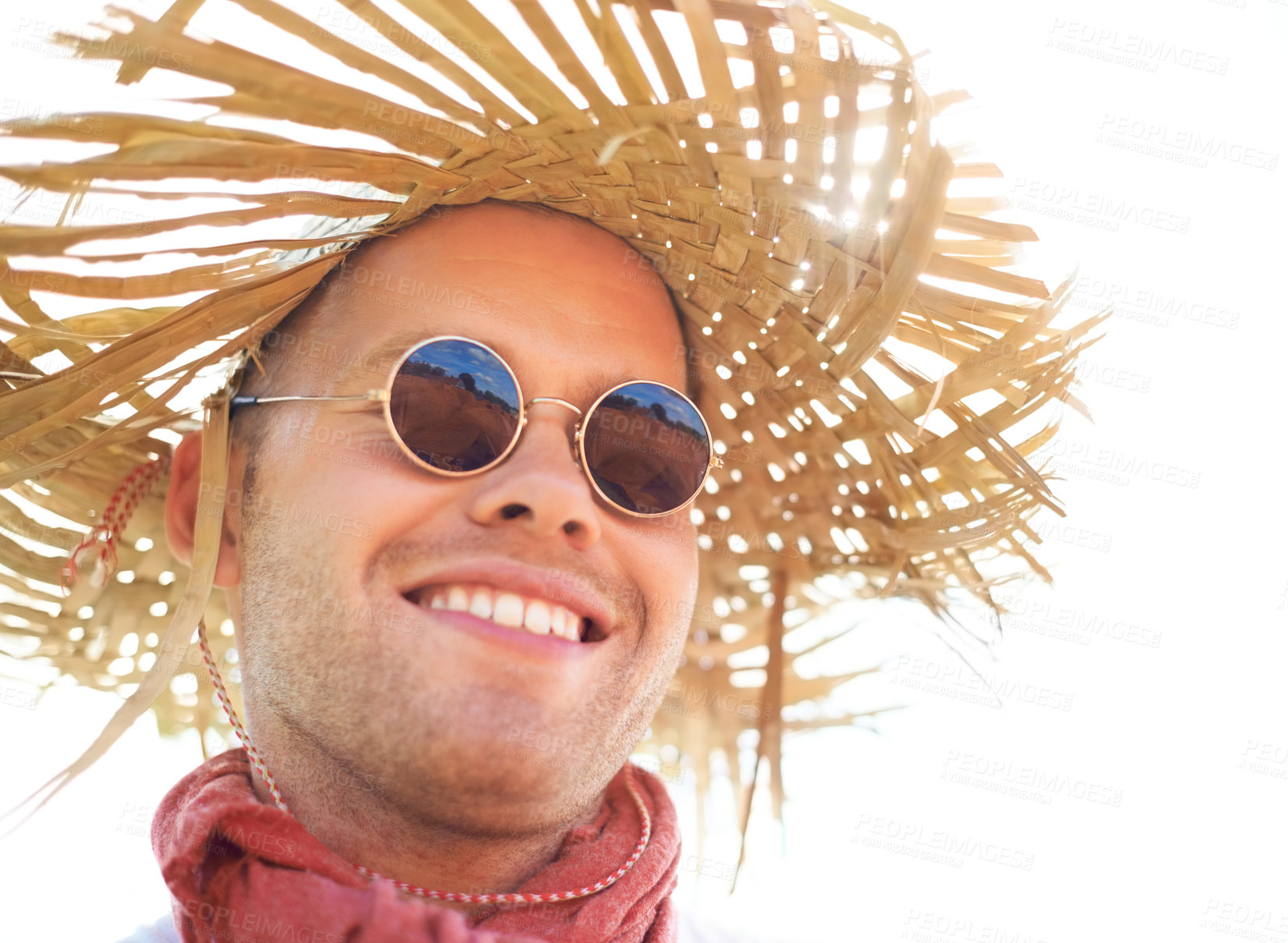 Buy stock photo Smile, sunglasses and man in straw hat for summer outdoor, travel and holiday vacation, sunshine and mockup space. Happy young person in shades, adventure and tourist thinking, relax and fashion