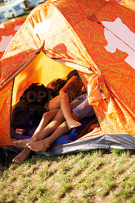Buy stock photo Couple, feet or happy in tent in nature, camping or romantic love for weekend vacation in forest. Man, woman and legs together for marriage bonding in countryside, relax and travel in woods in summer